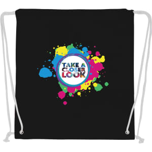 A black drawstring cotton bag featuring a colourful splash design and a logo in the centre.