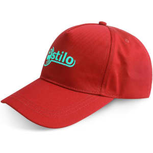 A red cap with a curved brim and an embroidered logo on the front.
