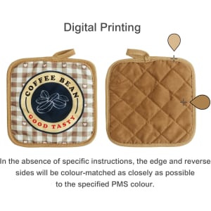 A medium quilted pot holder featuring a brown and beige checked pattern, with a decorative logo on one side.