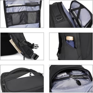 A black waterproof business backpack with multiple compartments and pockets for devices and accessories. Features a logo.