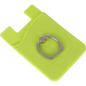 A green phone wallet featuring a metal ring for secure grip. Includes a slot for cards.