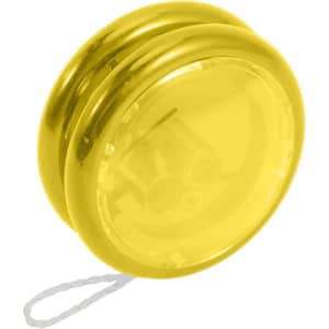 A yellow yoyo with a glossy finish and a white string attached. It has a simple, circular design and branding.