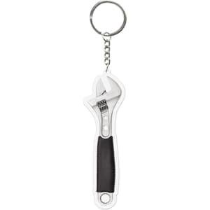 A customised acrylic keyring shaped like a silver adjustable wrench, featuring a black grip. It has a metal keyring attachment.