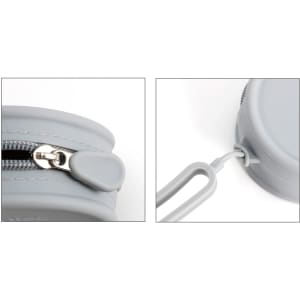 A round grey silicone coin pouch featuring a zip closure and a small attachment loop.