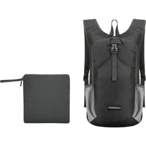 A large, packable camping backpack in grey with mesh side pockets, shown alongside its folded form.