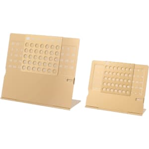 A gold aluminium desk calendar featuring two sizes with a sleek, modern design. Includes a logo on the base.