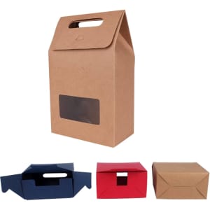 A brown die cut handle bag with a window, accompanied by red and blue boxes, all made of cardboard.