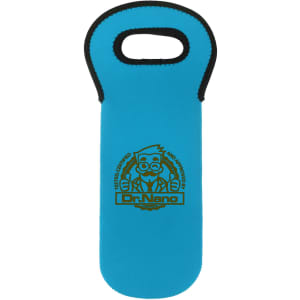 A drink bottle cooler in bright blue, featuring a handle and a logo.