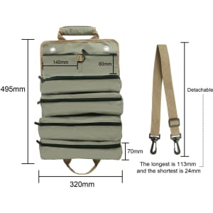 A roll-up tool bag in olive green with multiple zippered compartments and detachable shoulder strap. Measures 495mm x 320mm.