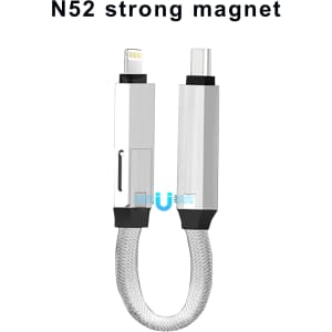A 60W 3-In-1 aluminium charging cable with a strong magnet, featuring silver and black elements.