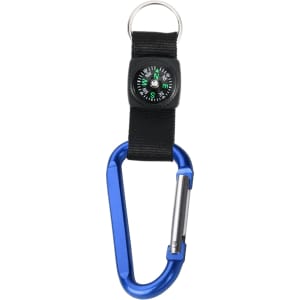 A blue carabiner keychain with a black strap and a compass attached. It features a logo on the strap.