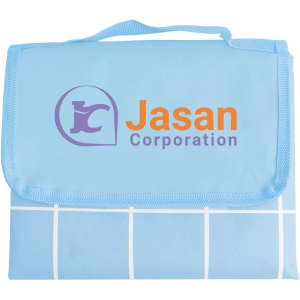 A large picnic blanket in blue featuring a grid pattern and a logo. Folds neatly with a carry handle.
