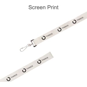 A white lanyard with black screen print designs and a metal clip for attachments. It features branding elements.