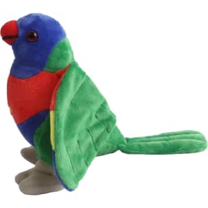 A custom lorikeet plush toy with bright green, blue, red, and grey colours, featuring a simple design and a small logo.