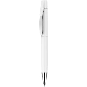 A white pen with a silver clip and tip, featuring a logo on its body.