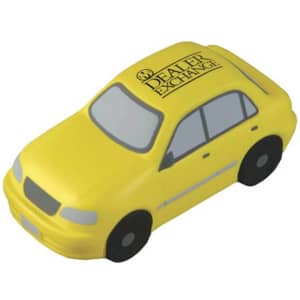 A yellow sedan car-shaped stress reliever with black wheels and a logo on top.