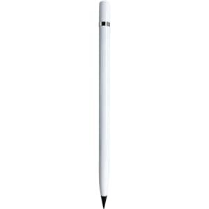 A white pencil with a sleek design, featuring a silver accent near the tip. It has a logo on the side.