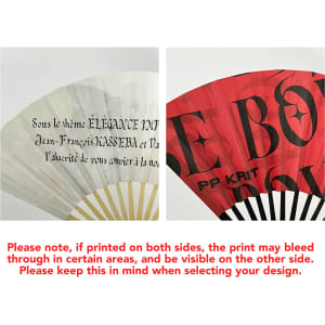 A foldable fan featuring a white side with elegant text and a red side with bold graphics, both with a logo.