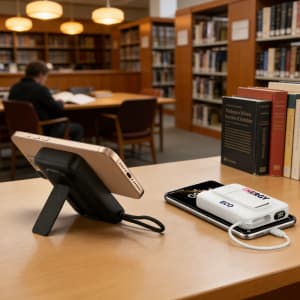 A wireless power bank with a charging cable, featuring a sleek design and a stand, placed on a library table.