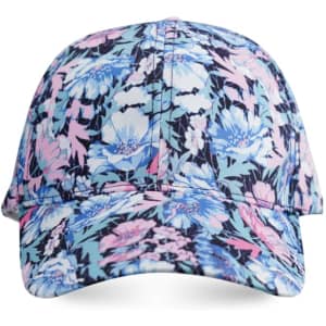 A floral-patterned six-panel custom cap in shades of blue, pink, and white, featuring a logo on the front.