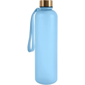 A drink bottle in light blue with a gold cap and a strap, designed for 900ML capacity and made from BPA-free material.