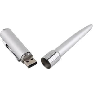 A silver pen that doubles as a flash drive, featuring a removable cap and a clip for easy carrying.