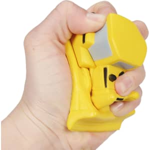 A yellow bulldozer-shaped stress reliever being squeezed by a hand, featuring a simple design and some details.
