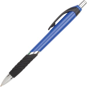 A blue barrel ball pen with a black grip and a polished silver tip. The pen features a logo.