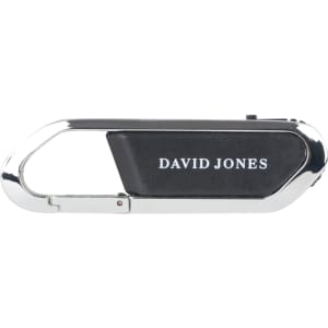 A mini carabiner flash drive in silver and black, featuring a logo on its surface.