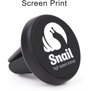 A black clip-on car phone holder featuring a circular design and a logo with a snail graphic.