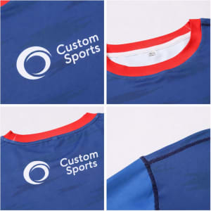 A blue long-sleeved T-shirt with a red collar, featuring a logo on the front and back. Made of polyester and spandex.