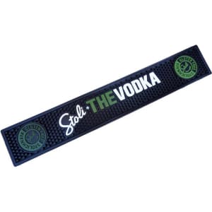 A black moulded PVC bar runner featuring logos and text in white and green. Ideal for home bars and living spaces.