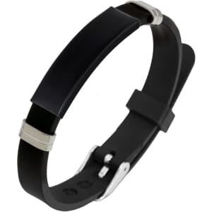 A black metal silica bracelet with silver accents, featuring a sleek design and adjustable strap.