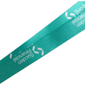 A custom-shaped wooden medal with a teal RPET lanyard featuring a logo.
