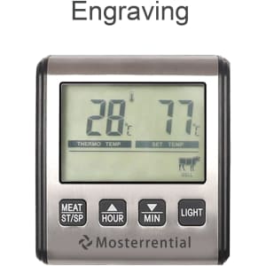 A digital oven thermometer with a stainless steel frame and a large display showing temperature readings.