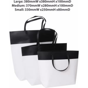 Medium black and white boutique paper bag with handles, featuring a solid black top and white body.