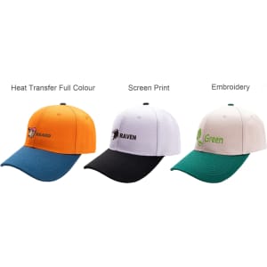 A 6-panel adjustable baseball cap in orange, white and black, and beige with green. Features logos on each cap.