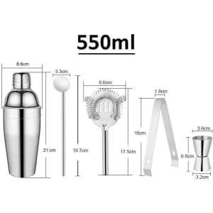 A 550ml cocktail tool set with a stainless steel shaker, strainer, stirring spoon, tongs, and jigger in silver.