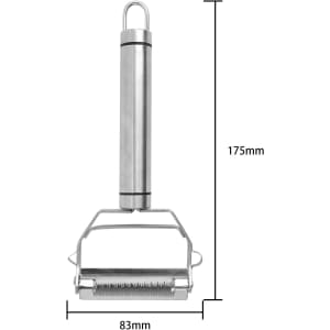 A stainless steel vegetable peeler with a sleek design, featuring dimensions of 175mm and 83mm. It includes a logo.