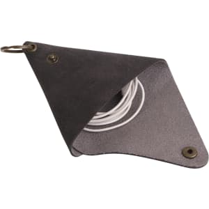 A triangular grey coin holder with a metal snap and keyring, containing white cords inside.
