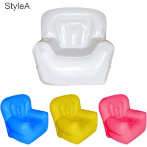 Inflatable chairs in white, blue, yellow, and pink, featuring a curved back and armrests, with a logo.