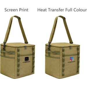 A foldable insulated cooler bag in khaki, featuring adjustable straps and logos on each side.