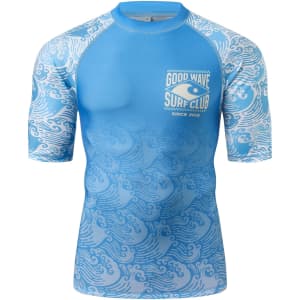 A light blue short-sleeved rashie with a wave pattern and a logo on the front.
