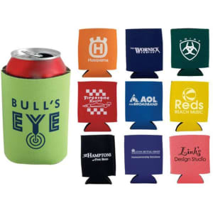 A drink bottle holder in bright green, surrounded by various foldable stubby holders in multiple colours.