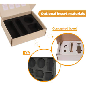 A subscription box with a brown exterior, featuring black EVA and corrugated board inserts for product organisation.