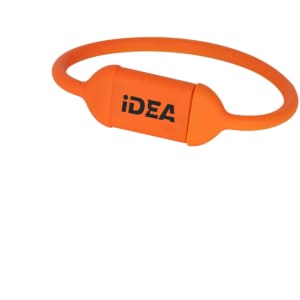 An orange round cord silicone flash drive with a logo on the surface.