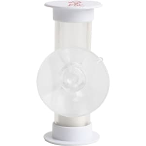 A white three-minute sand timer with a clear body and rounded ends, featuring a small logo on top.