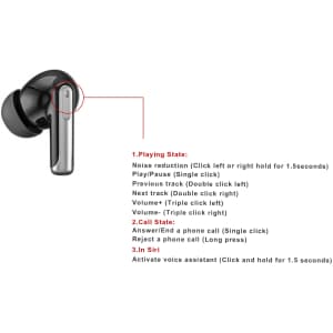 Active noise cancelling wireless earbuds in black with silver accents, featuring touch control functions.