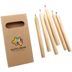 Coloured pencil set featuring five pencils in red, blue, green, brown, and yellow, packaged in a cardboard box with branding.