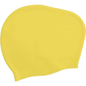 A yellow silicone swim cap designed for women with long hair, featuring a smooth, flexible material and a logo.